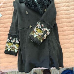 DRIFTWOOD Black Pea Coat with Floral Embroidery